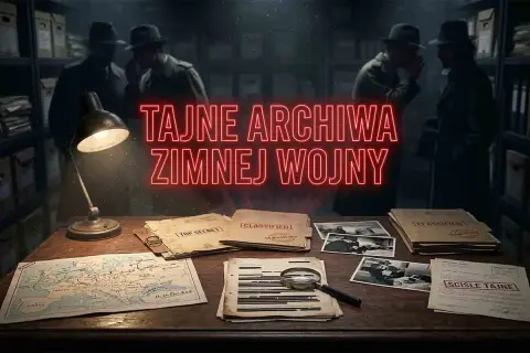 Biurko z mapą, dokumentami "ściśle tajne", zdjęciami i lupą, w tle agenci KGB.