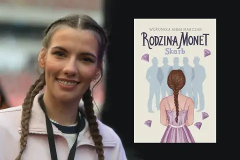 Uśmiechnięta dziewczyna z warkoczami obok okładki książki "Rodzina Monet: Skarb".