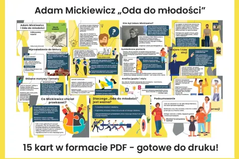 Ilustracja z cytatem Adama Mickiewicza "Oda do młodości", z elementami graficznymi i tekstem.