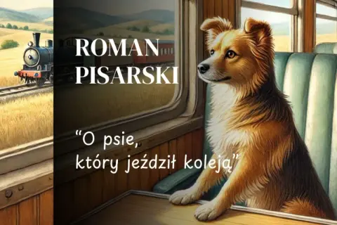 Pies siedzi w pociągu, patrząc przez okno na mijający krajobraz i przejeżdżający pociąg.