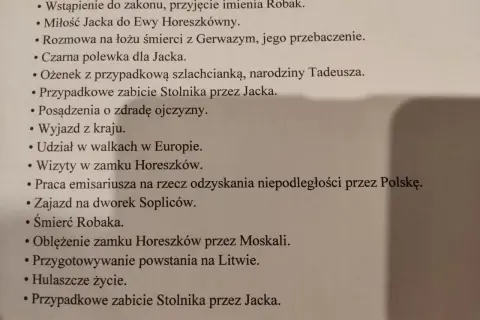 Lista punktowana z wydarzeniami z "Pana Tadeusza", w tym zabójstwo Stolnika.