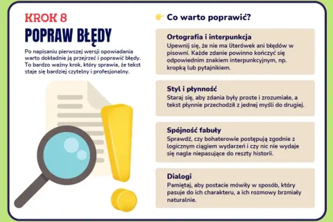 Lupa, wykrzyknik i dokument symbolizujące poprawianie błędów w tekście.