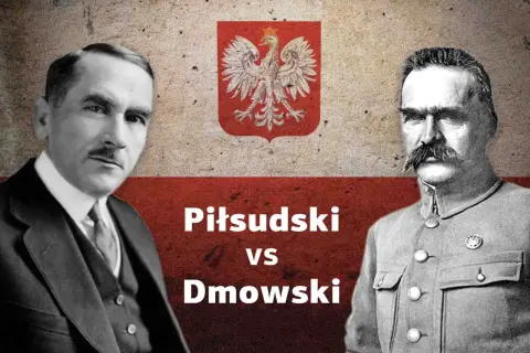 Portret Józefa Piłsudskiego i Romana Dmowskiego na tle flagi Polski.