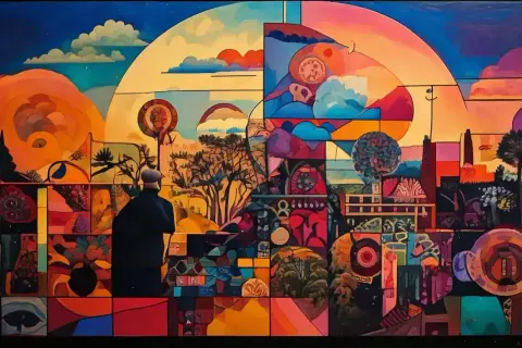 Kolorowy mural z sylwetką mężczyzny patrzącego na surrealistyczny krajobraz podzielony na kafelki.