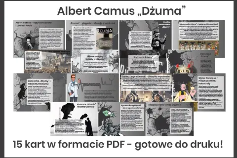 Kolaż grafik i fragmentów tekstu z analizą "Dżumy" Alberta Camusa.