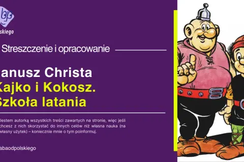 Kajko i Kokosz, dwaj bohaterowie komiksu, na tle fioletowego tła z tekstem.
