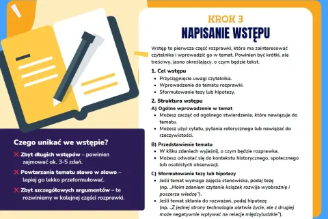 Otwarta książka z ołówkiem, ilustracja do poradnika o pisaniu rozprawki.