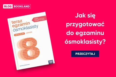 Okładka książki "Teraz egzamin ósmoklasisty. Język polski. Arkusze" na różowym tle.