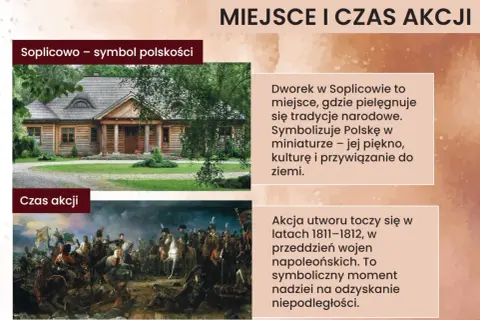 Drewniany dworek i scena batalistyczna z epoki napoleońskiej.