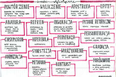 Schemat graficzny z wypisanymi środkami stylistycznymi, takimi jak powtórzenie, anafora, oksymoron, hiperbola, metafora.