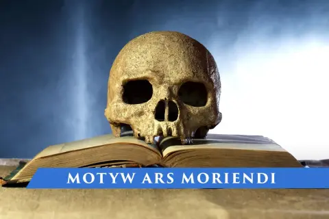 Czaszka na otwartej księdze na tle granatowego nieba z napisem "MOTYW ARS MORIENDI".