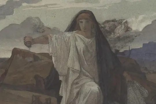 Antygona w białej todze i czarnym welonie, trzymająca miecz, na tle krajobrazu z miastem.