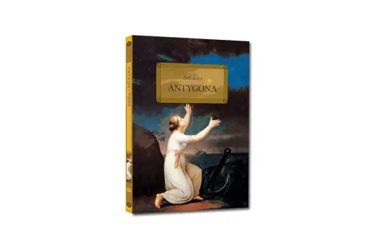 Okładka książki "Antygona" Sofoklesa z postacią kobiety klęczącej na tle burzliwego morza.