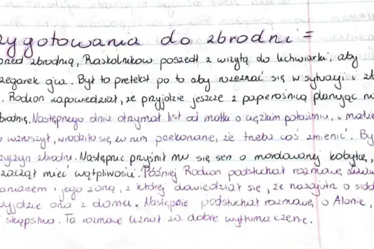 Ręcznie pisany tekst na kartce w kratkę, tytuł "Przygotowania do zbrodni".