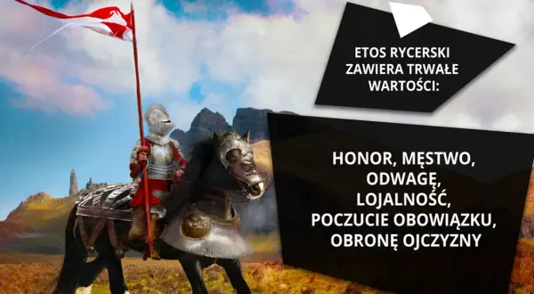 Rycerz w zbroi na koniu z flagą, na tle gór i chmur.