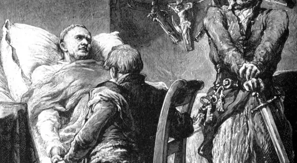 Ilustracja z "Pana Tadeusza": chory leży w łóżku, obok niego klęczy młody mężczyzna, a po prawej stoi z mieczem kapitan Ryków.
