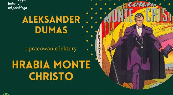 Ilustracja z Hrabia Monte Christo w fioletowym płaszczu, trzymający laskę i kapelusz.
