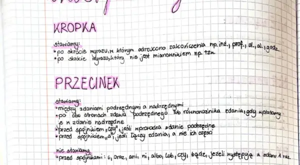 Ręcznie pisane notatki o interpunkcji: "Kropka" i "Przecinek" z zasadami ich stosowania.