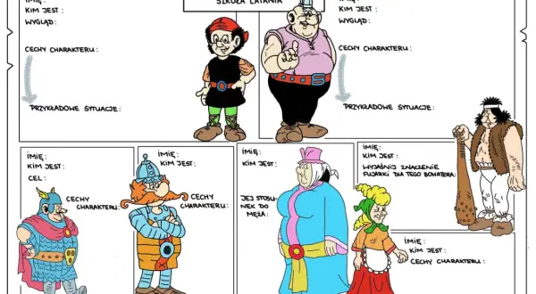 Ilustracja przedstawia bohaterów komiksu Kajko i Kokosz: Szkoła Latania, z opisami ich cech.