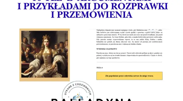 Obraz przedstawia królową w złotej sukni i koronie, otoczoną przez mężczyzn w historycznych strojach.
