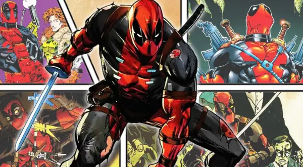 Komiksowa kolaż z Deadpool w centrum, otoczony innymi panelami z jego wizerunkiem.