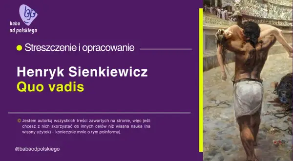 Obraz przedstawia scenę z powieści "Quo Vadis": mężczyzna niesie kobietę, w tle widać amfiteatr.