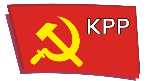 Czerwona chorągiew z żółtym sierpem i młotem oraz napisem KPP.