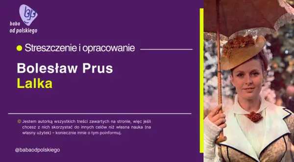 Kobieta w kapeluszu i z parasolką, obok tytuł artykułu "Lalka" Bolesława Prusa.