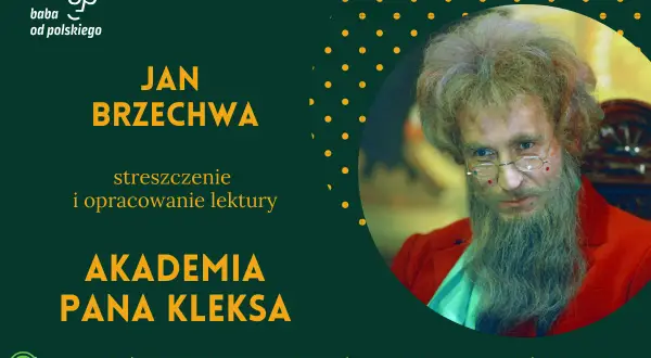 Portret Pana Kleksa z brodą i okularami na tle zielonej grafiki z kropkami.