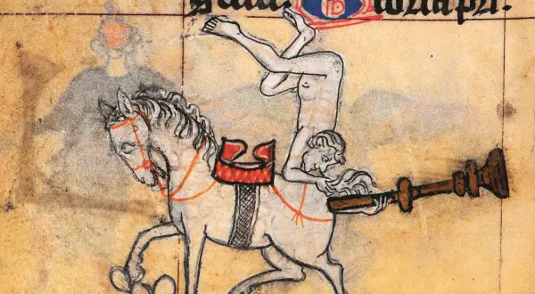 Ilustracja z rękopisu: akrobata na koniu trzymający drewniany przedmiot.