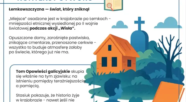 Ilustracja przedstawia opuszczony dom, cmentarz i drzewo na tle krajobrazu.