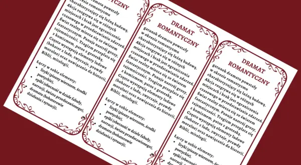 Trzy karty z tekstem o dramacie romantycznym, z ozdobnymi ramkami.