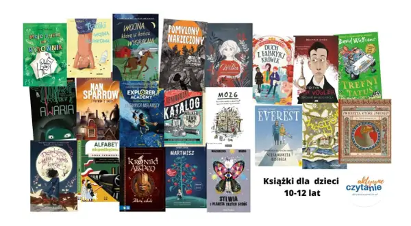 Kolaż okładek książek przygodowych dla dzieci w wieku 10-12 lat.
