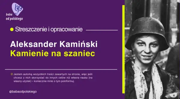 Czarno-białe zdjęcie młodej kobiety w hełmie wojskowym, obok tekst.