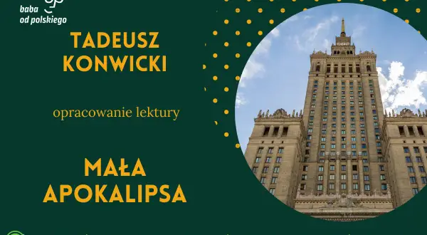Pałac Kultury i Nauki w Warszawie na tle nieba, z tekstem "Mała Apokalipsa" i logo.