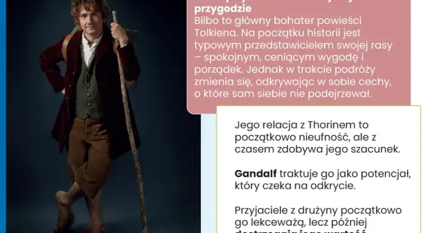 Bilbo Baggins, hobbit z laską, w stroju podróżnym.