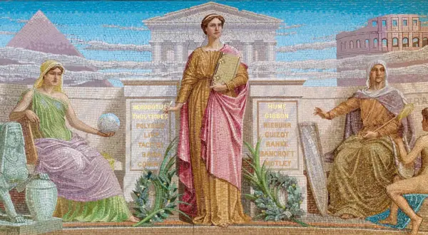 Mozaika przedstawiająca alegorie mitologii, historii i tradycji z postaciami i budowlami.