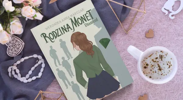 Okładka książki "Rodzina Monet: Diament" z dziewczyną i sylwetkami rodziny.