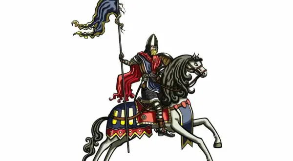 Ilustracja rycerza w zbroi na koniu z włócznią i flagą.