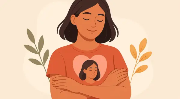 Ilustracja kobiety obejmującej się, z jej podobizną w sercu na koszulce.
