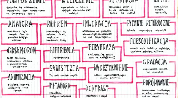 Schemat graficzny z wypisanymi środkami stylistycznymi, takimi jak powtórzenie, anafora, oksymoron, animizacja, wyliczenie, metafora, hiperbola, synestezja, kontrast.