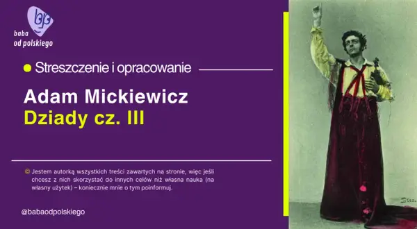Grafika z portretem mężczyzny w stroju ludowym i tekstem "Adam Mickiewicz Dziady cz. III".