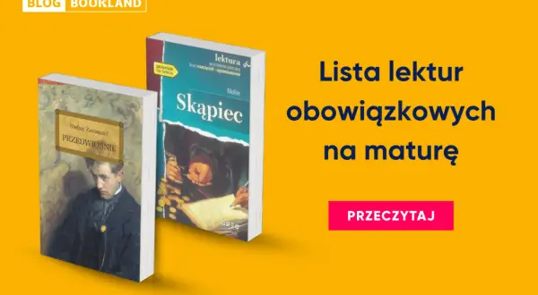 Dwie okładki książek: "Przedwiośnie" i "Skąpiec", na żółtym tle.
