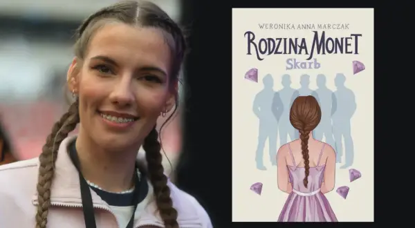Uśmiechnięta dziewczyna z warkoczami obok okładki książki "Rodzina Monet: Skarb".