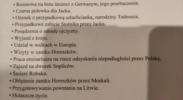 Lista punktowana z wydarzeniami z "Pana Tadeusza", w tym zabójstwo Stolnika.
