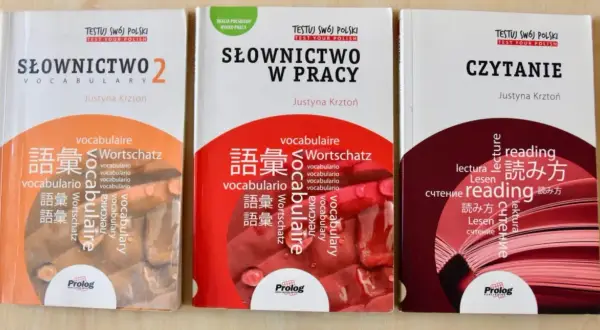 Trzy okładki książek do nauki języka polskiego: "Słownictwo 2", "Słownictwo w pracy" i "Czytanie".