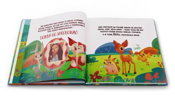 Otwarta książeczka z ilustracją zwierzątek i dziewczynki w okrągłej ramce.