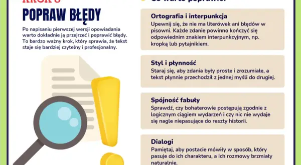 Lupa, wykrzyknik i dokument symbolizujące poprawianie błędów w tekście.