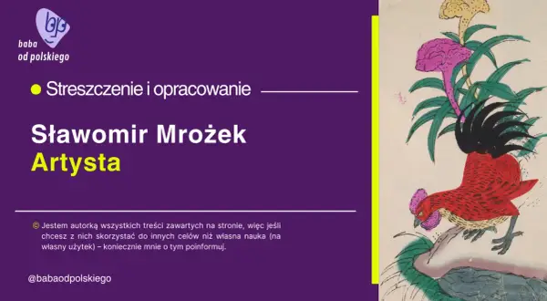 Grafika z kogutem i kwiatami, obok tekst: "Sławomir Mrożek Artysta".