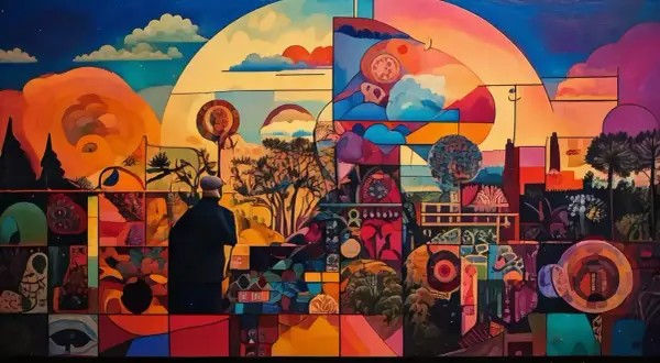 Kolorowy mural z sylwetką mężczyzny patrzącego na surrealistyczny krajobraz podzielony na kafelki.